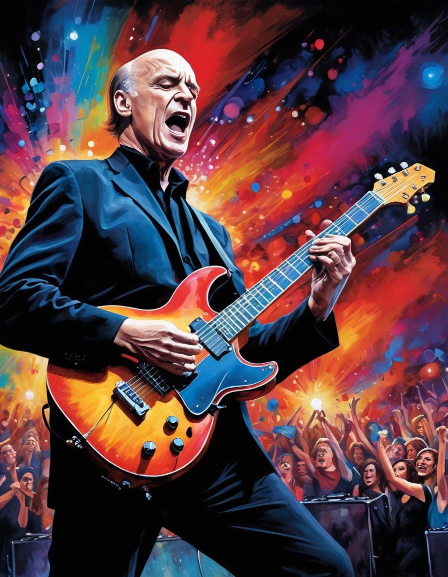 A dynamic live concert scene with Wilko Johnson in full motion on stage, gripping his guitar with intensity, lights flashing in vibrant colors, and a sea of enthralled fans cheering. The background showcases a large screen with retro concert footage. Bold strokes and energy should pervade the scene. painting. vibrant colors.