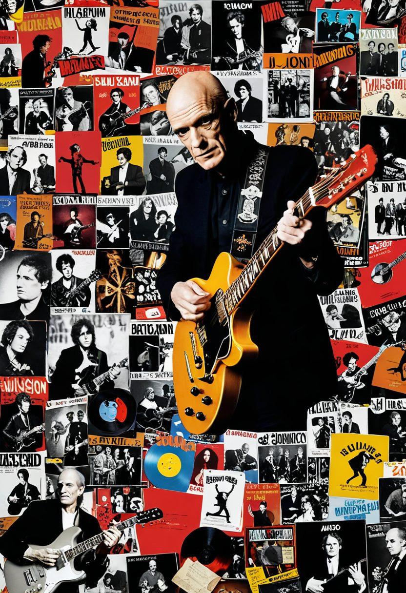 A dynamic collage of Wilko Johnson performing with his signature guitar and intense expression, interspersed with vintage memorabilia such as records, posters, and backstage passes. Include candid interview snippets and a background scene of a buzzing concert. vibrant colors. super-realistic.