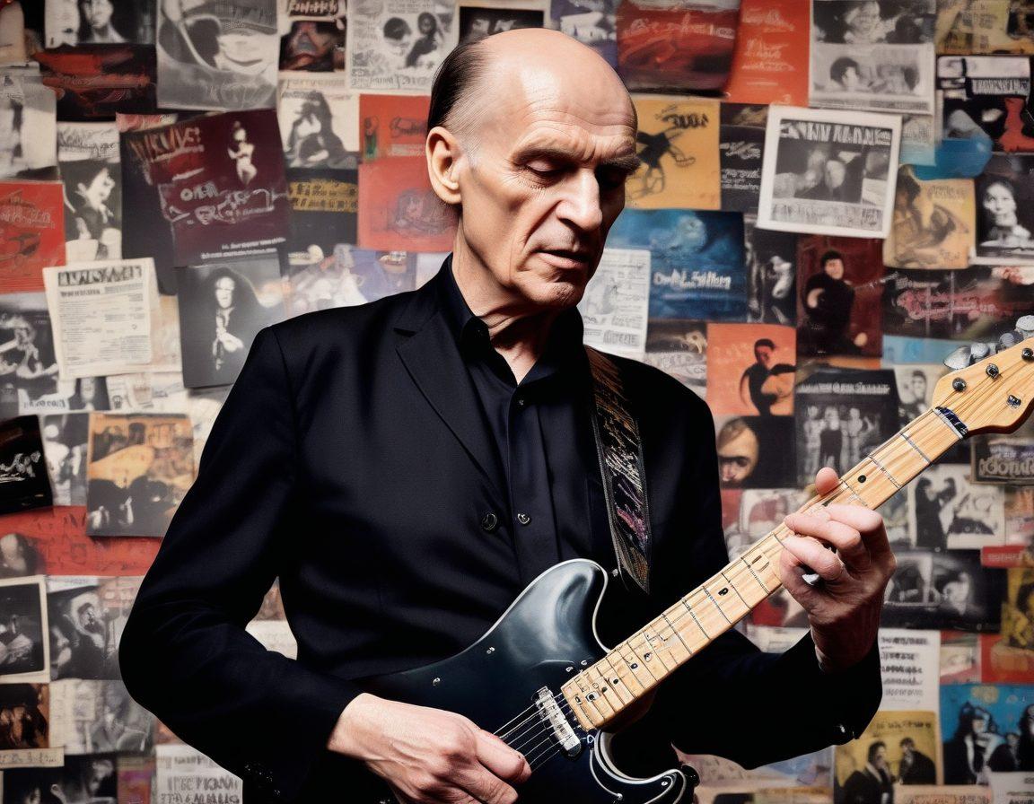 A vivid and dynamic portrayal of Wilko Johnson on stage, his signature black Telecaster guitar in hand, surrounded by swirling musical notes and memories from his colorful life. The background should fade into scenes showing old concert posters, vinyl records, and personal memorabilia, creating a tapestry of his legacy. Emphasize the passion and energy in his facial expression and stance. Vibrant colors. super-realistic.